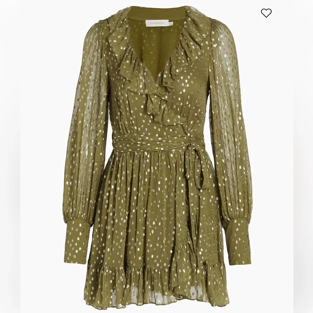 ZIMMERMANN $650 Ruffled Metallic Silk Wrap Mini Dress Size M Green Khaki Summer - Picture 3 of 6
